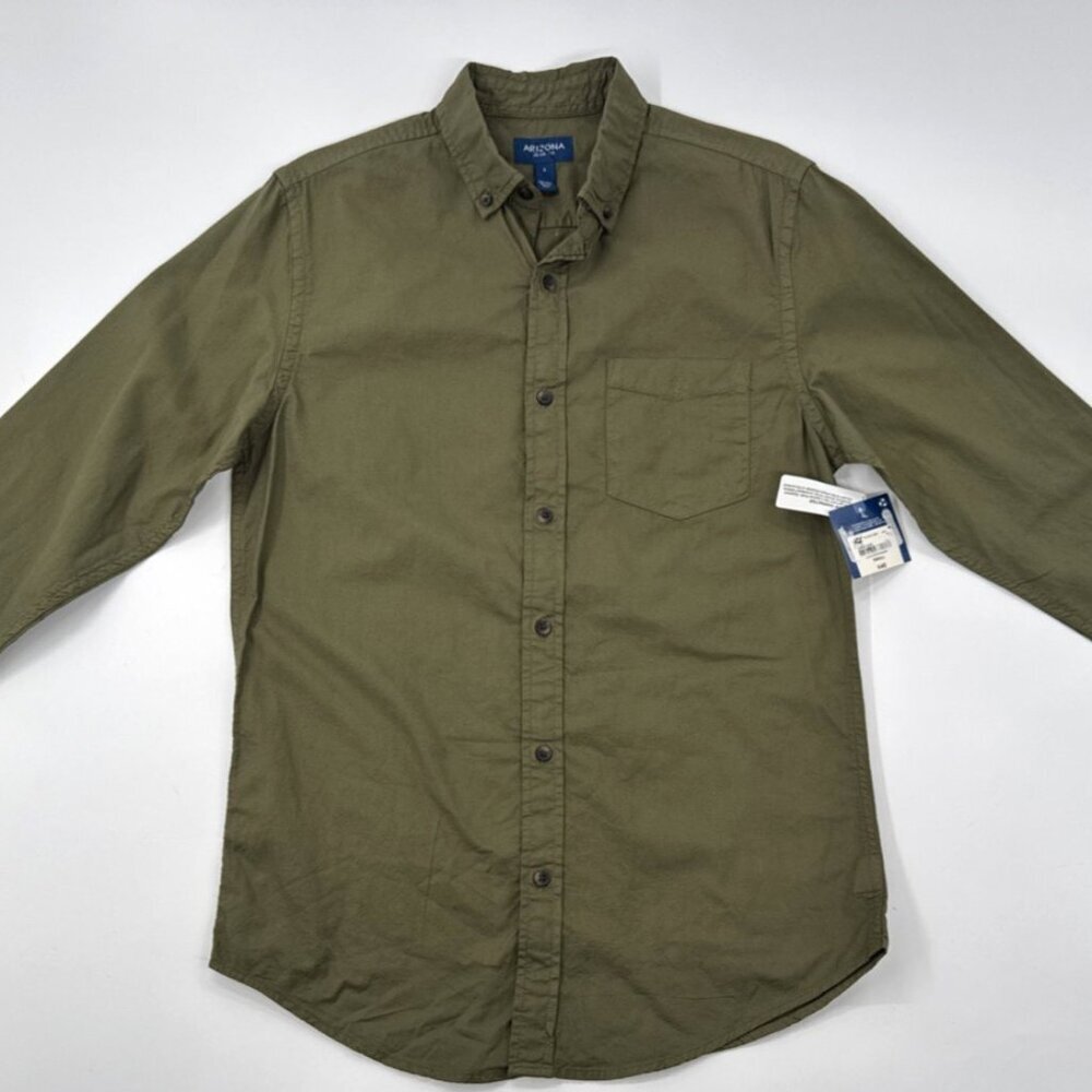 Arizona Mens Button Up Shirt Small Army Green Long Sleeve Cotton Pockets NEW